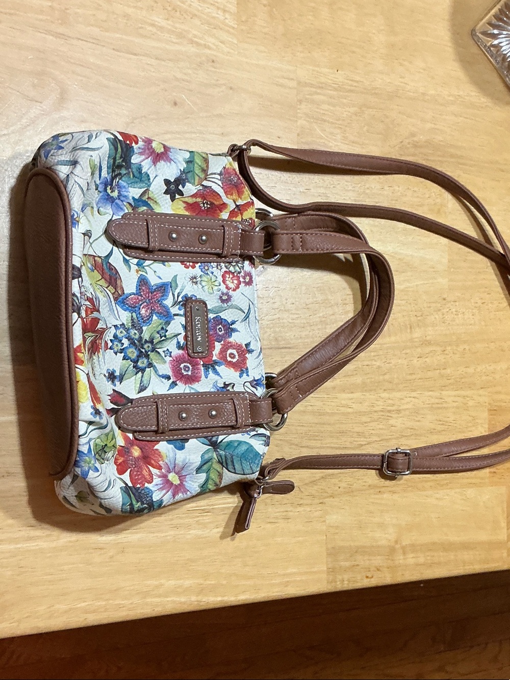 Floral Canvas Crossbody Tote with Brown Trim
